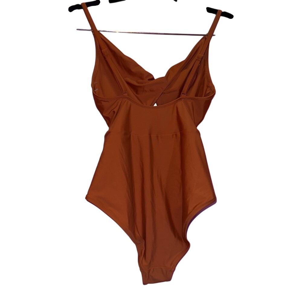 Aerie Real Good Cutout Twist Front One Piece Swimsuit Rust Orange Small Full - Picture 3 of 4